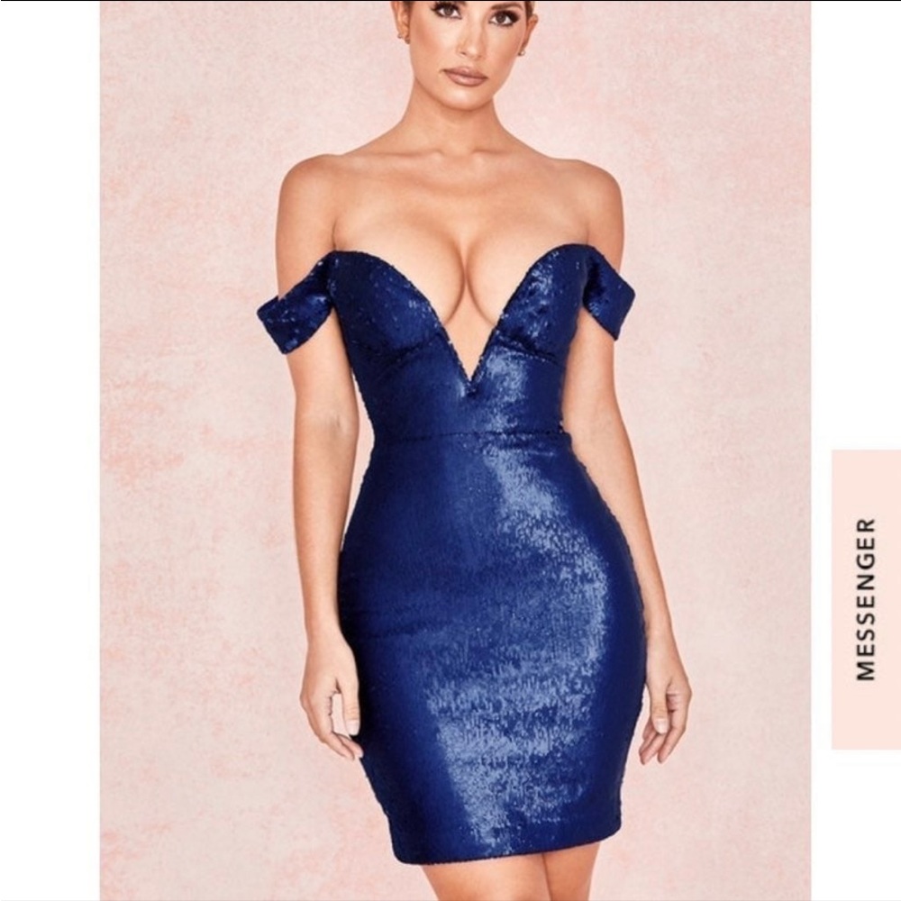 House of CB London Dante Off the Shoulder Blue Sequin Mini Dress